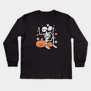 human skeleton sitting with dog skeleton halloween Kids Long Sleeve T-Shirt